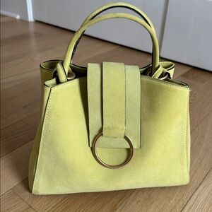 Anthropologie Lime Green Suede Top-Handle Bag with Gold Ring Accent